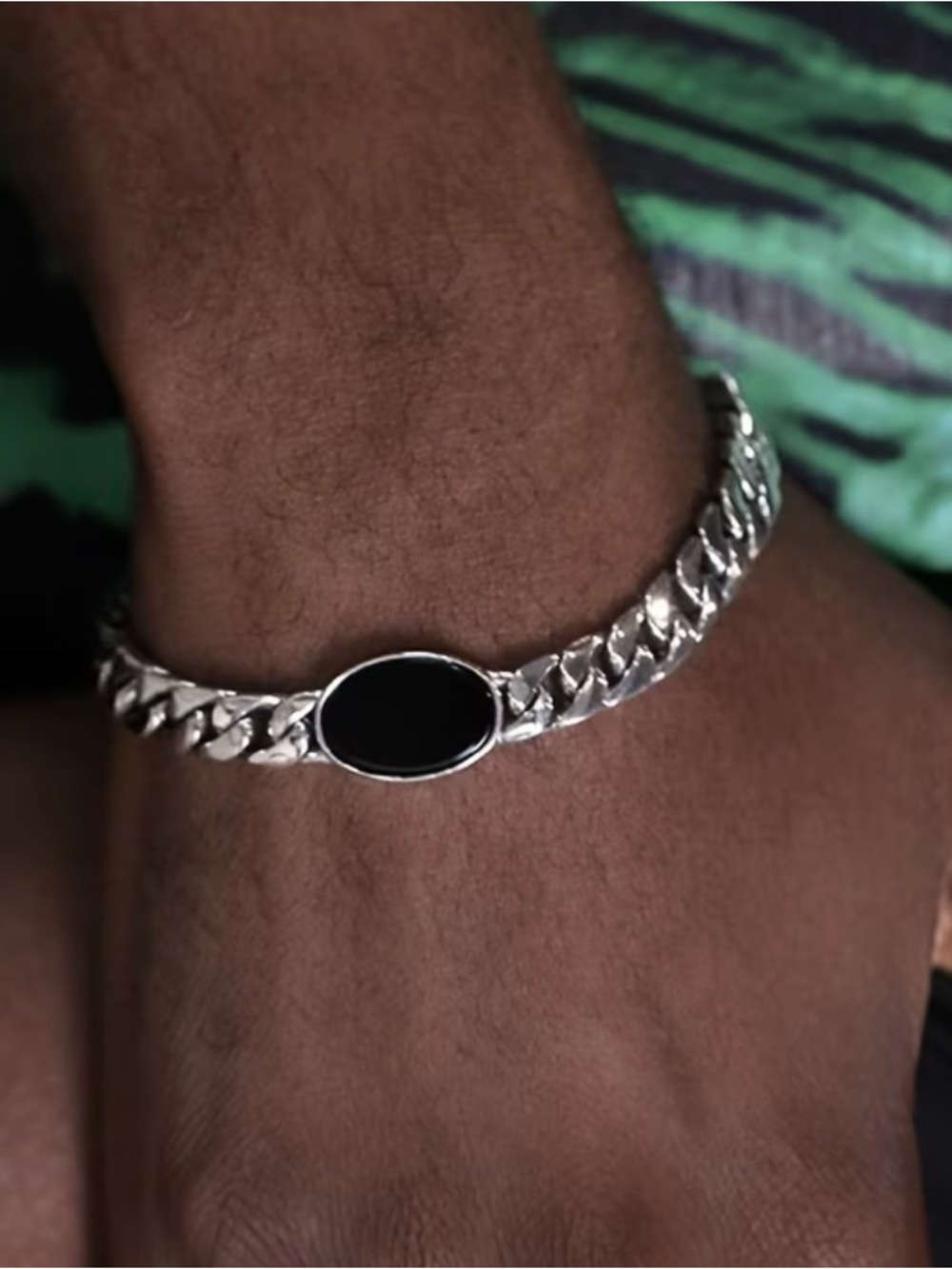 Silver Cuban Link Bracelet with Black Oval Inlay